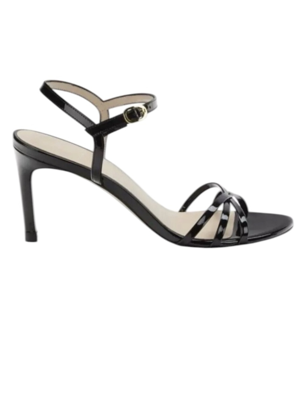 Stuart Weitzman Starla 80 Strappy Heel Sandal in Black Patent